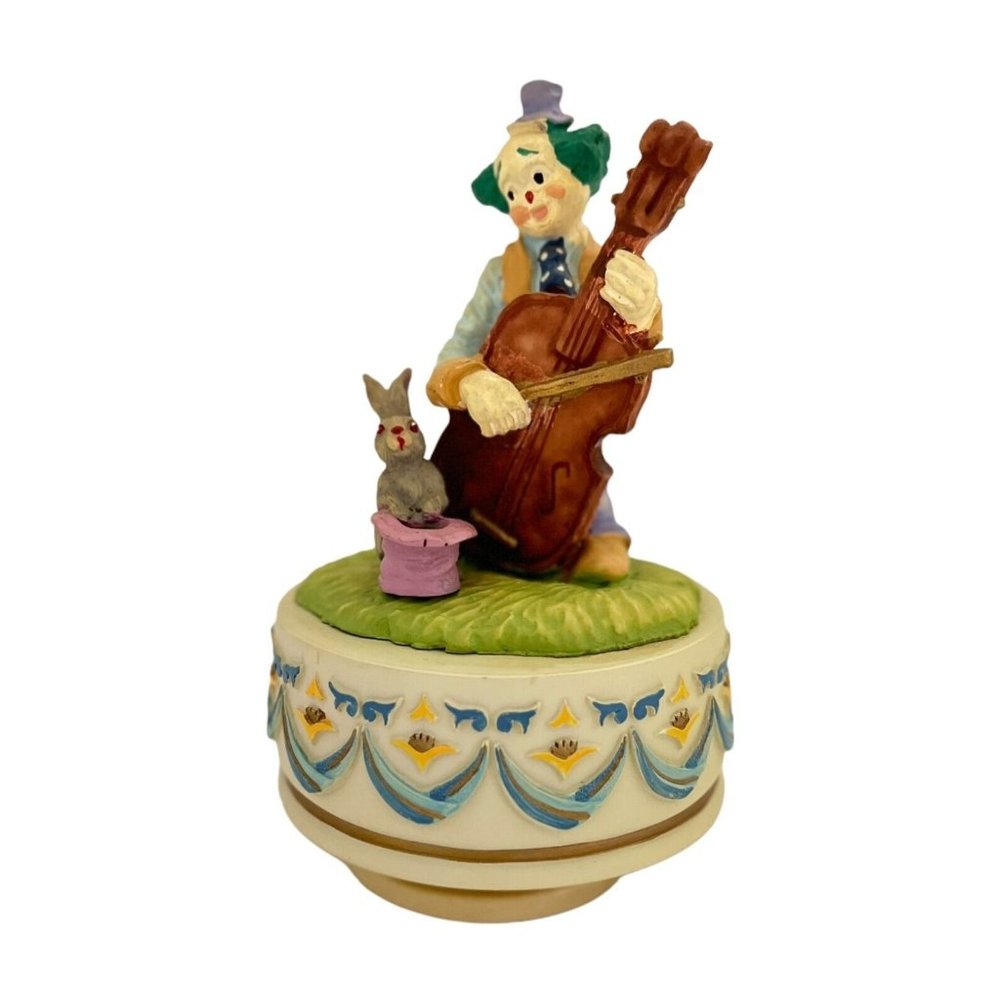 Glama Clown Music Box Plays Its A Small World Spins Rabbit MultiColor Works Vtg